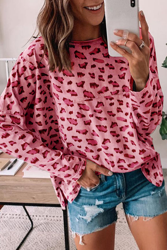 Pink Leopard Stitching Loose Long Sleeve Top