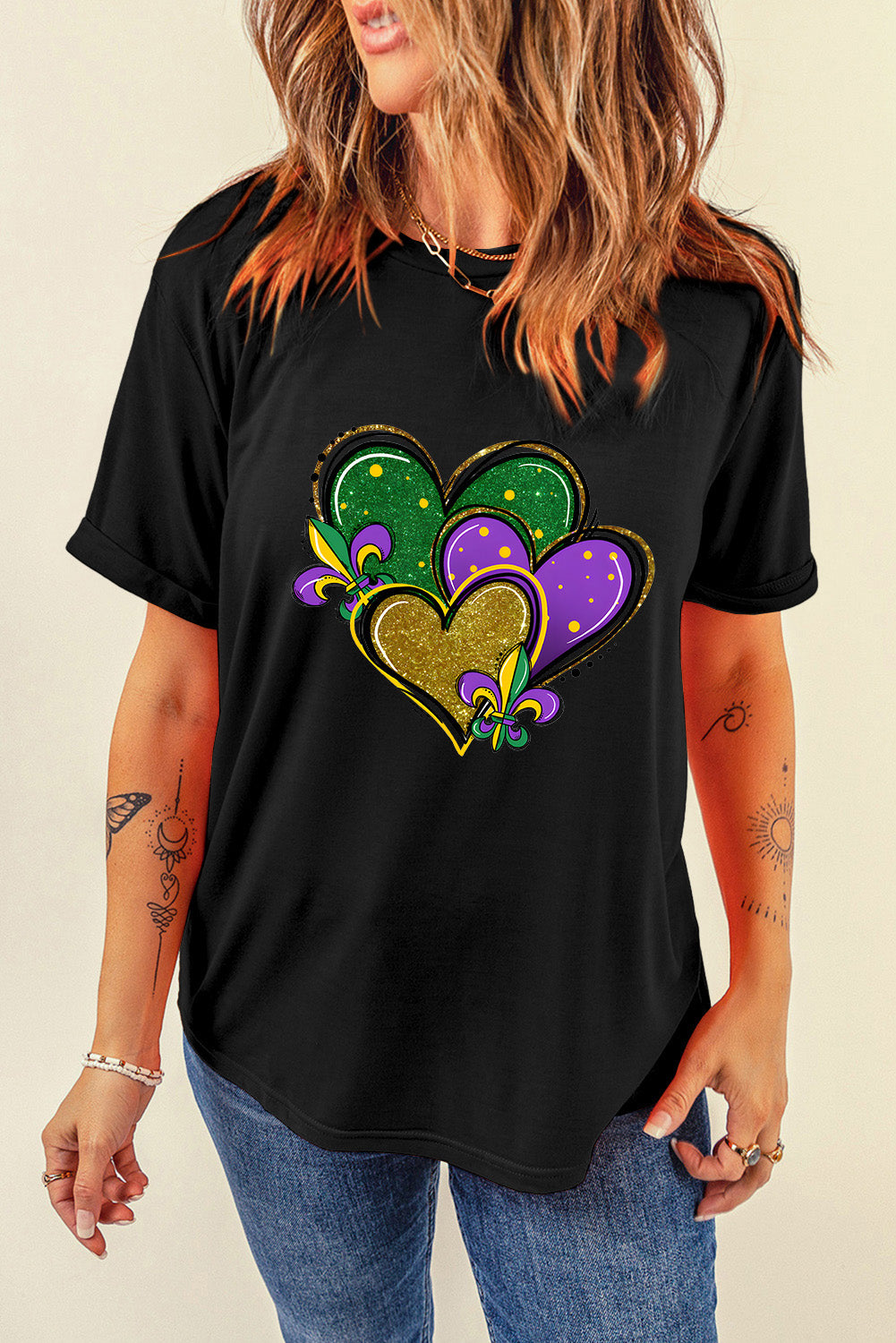 Black Fleur De Lis Heart Printed Mardi Gras T Shirt