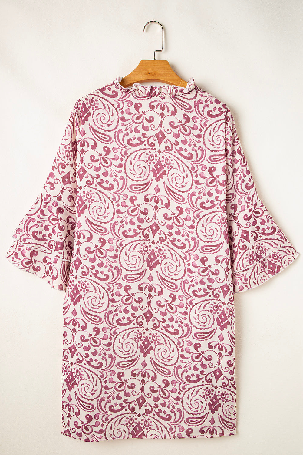 Pink Paisley Print Tiered 3/4 Sleeve Notched Neck Short Dress