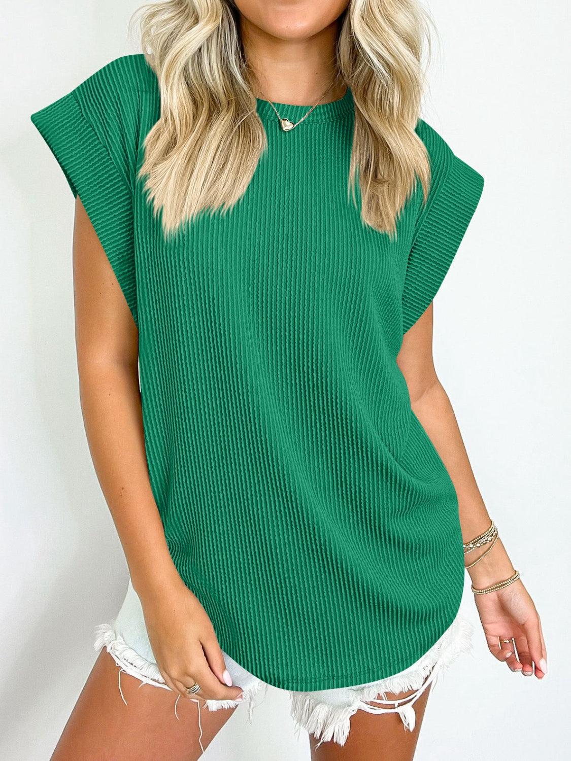 Lovelet Textured Round Neck Cap Sleeve Blouse