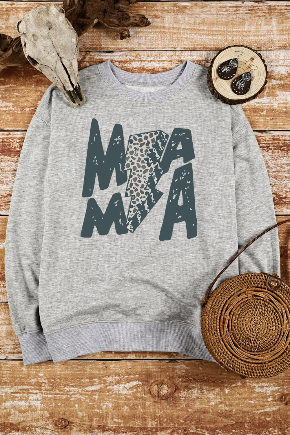 Gray MAMA Lightning Leopard Print Long Sleeve Sweatshirt