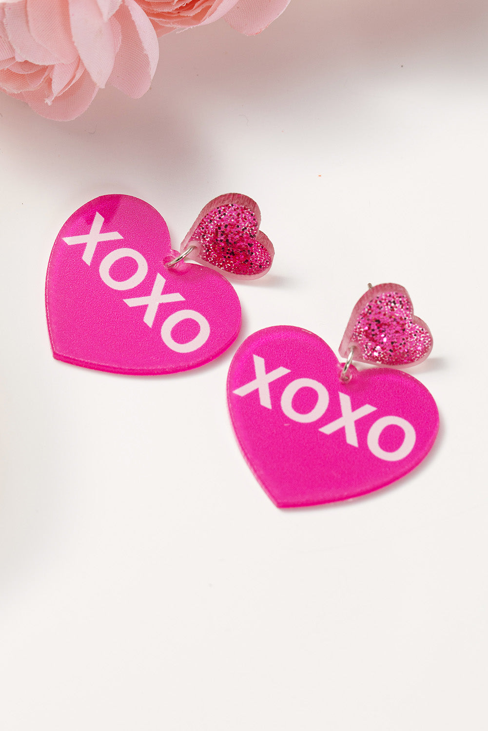 Rose Red Valentine XOXO Print Double Heart Shape Earrings