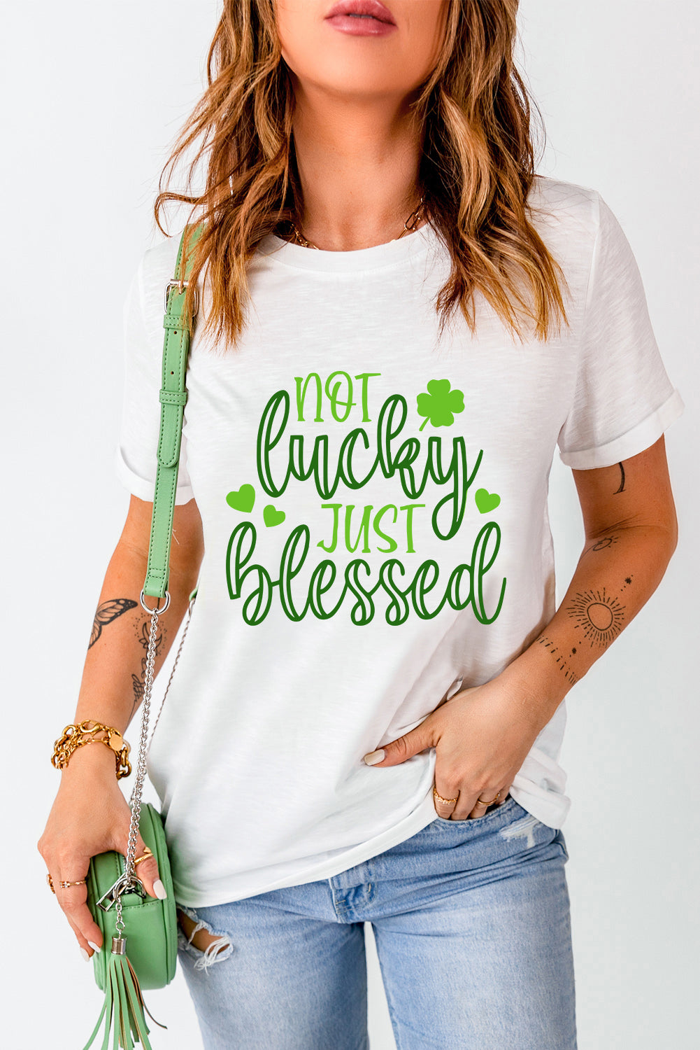 White St Patricks Not Lucky Just Blessed Graphic T-shirt