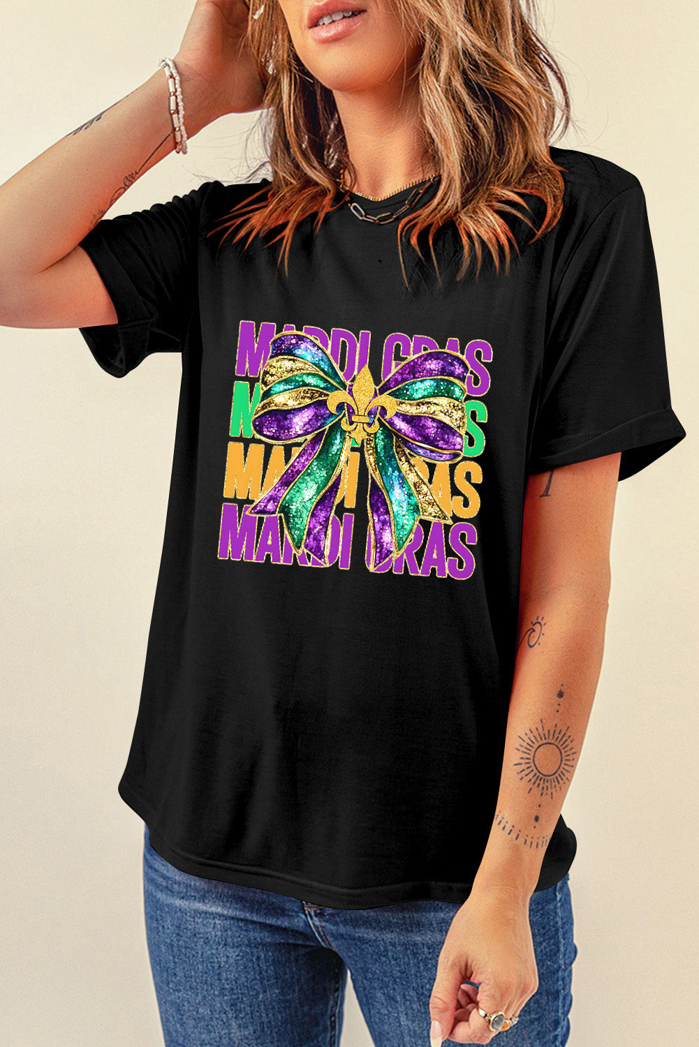 Black MARDI GRAS Bowknot Printed Crewneck Tee