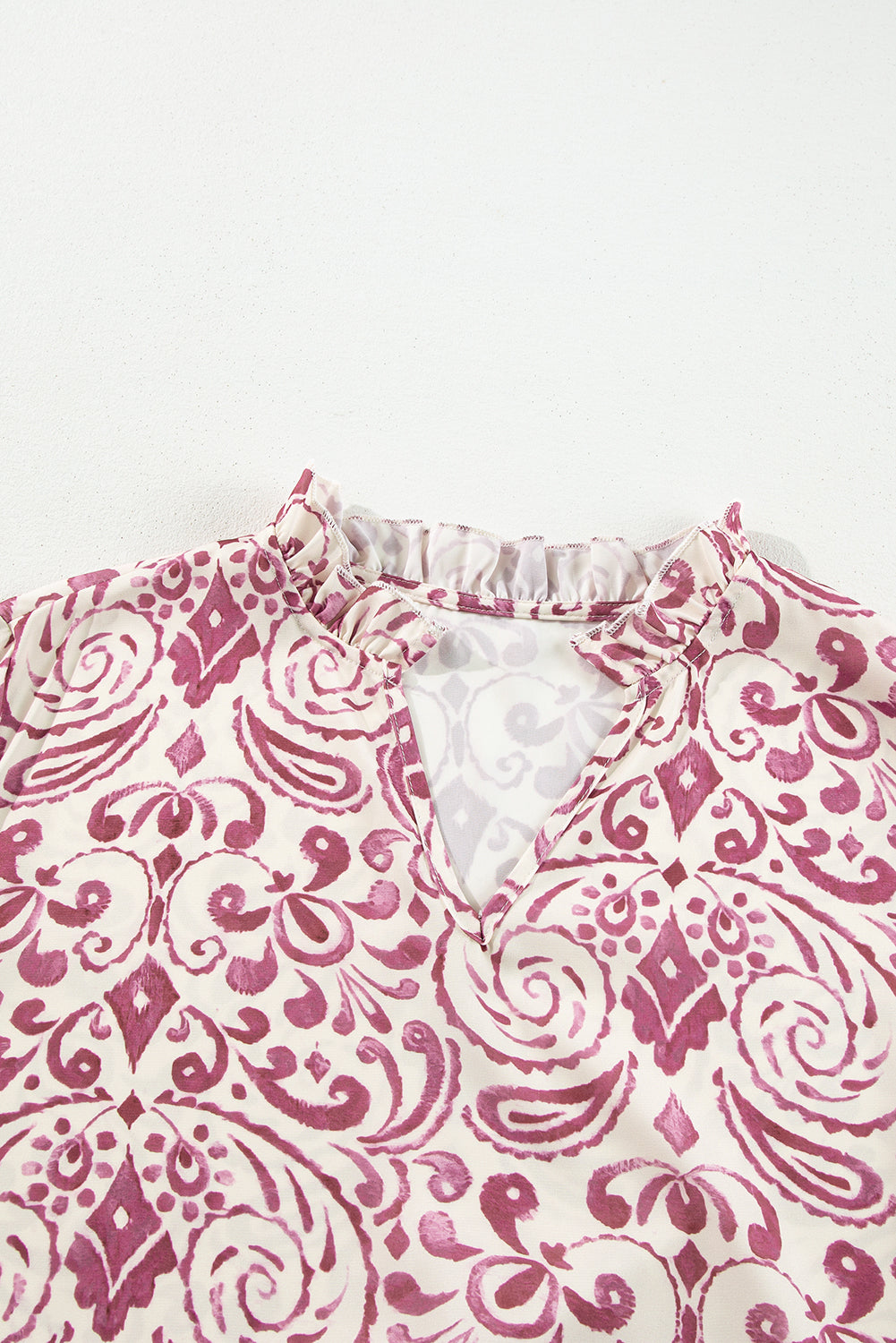 Pink Paisley Print Tiered 3/4 Sleeve Notched Neck Short Dress