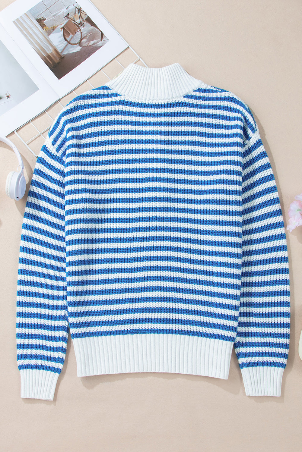 Pink Stripe Zip up Collar Drop Shoulder Sweater