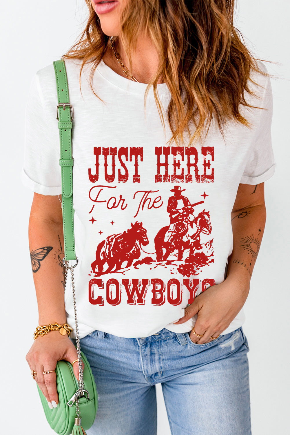 White JUST HERE For THE COWBOY Crew Neck T Shirt