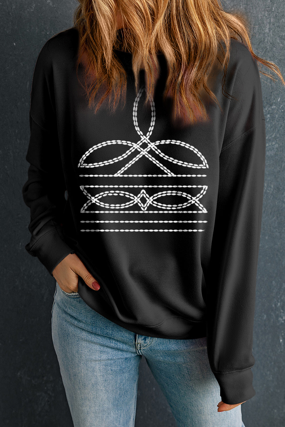 Black Western Pattern Print Round Neck Pullover Sweatshirt