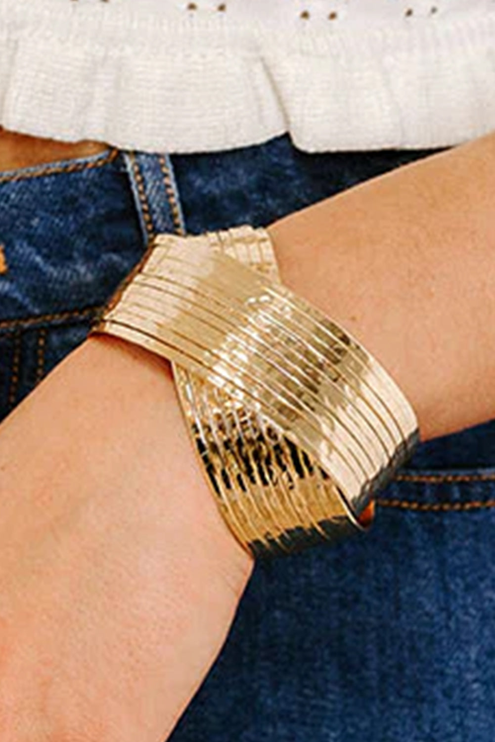 Gold Textured Crossover Metal Cuff Wide Bracelet