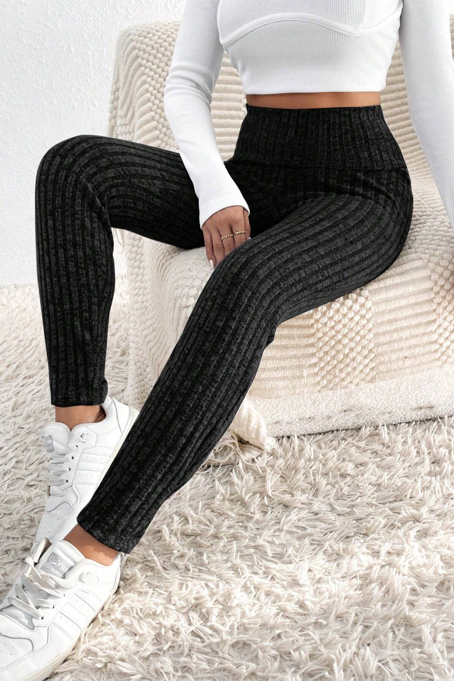 Gray Wide Waistband Ribbed Textured Knit Leggings