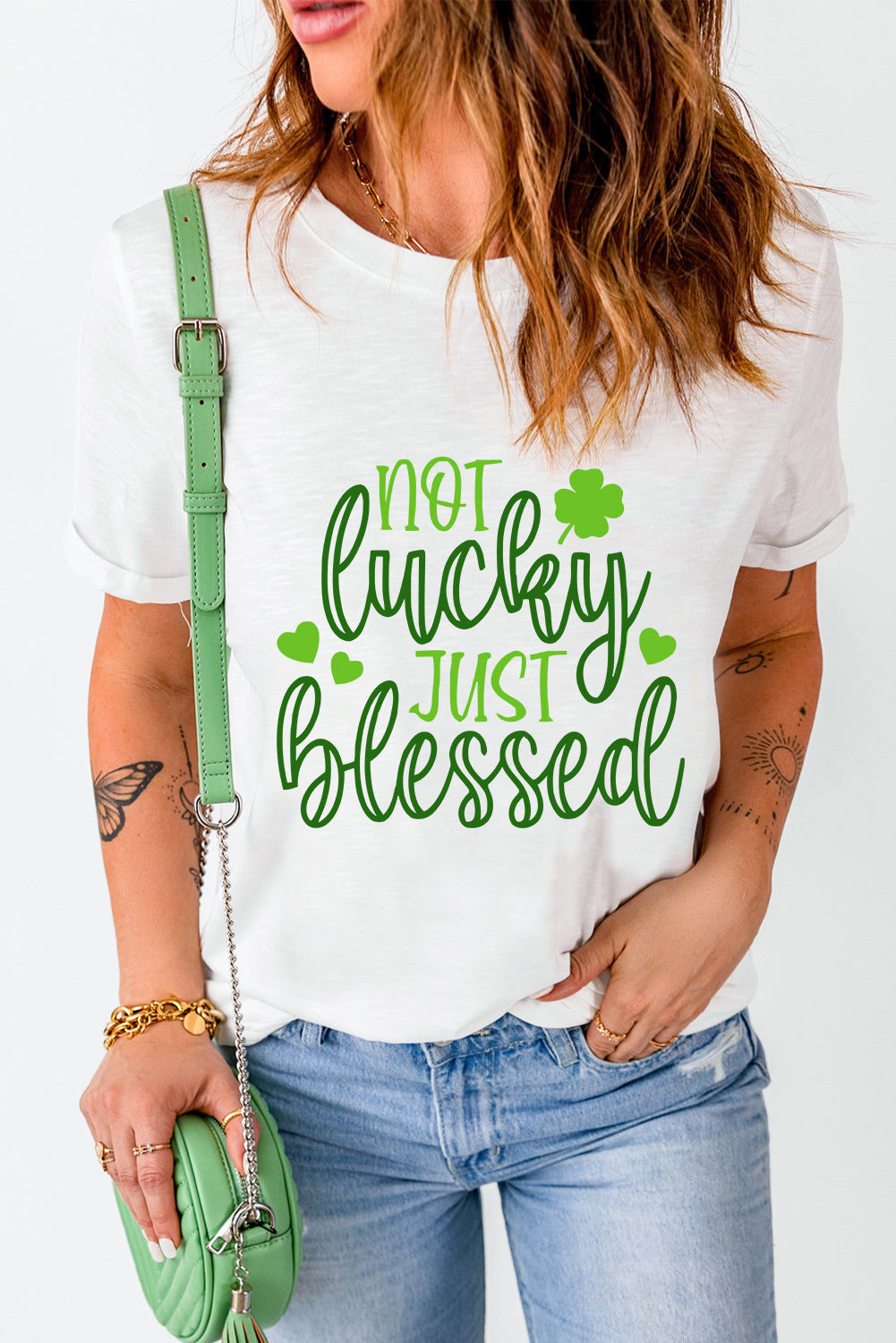 White St Patricks Not Lucky Just Blessed Graphic T-shirt