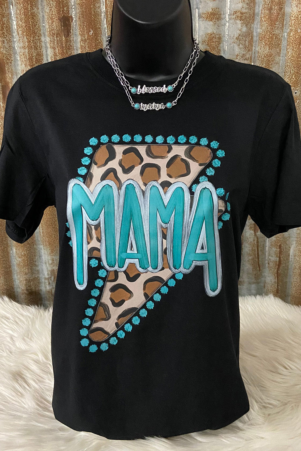 Black Western MAMA Leopard Lightning Graphic Tee