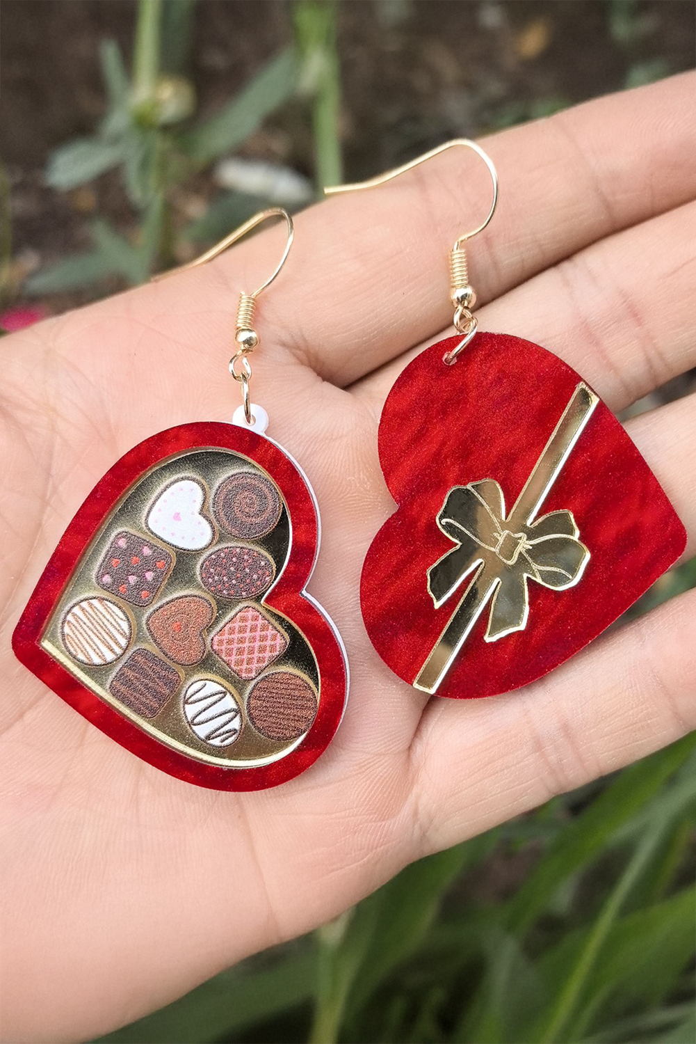 Fiery Valentines Red Heart Pattern Hook Earrings