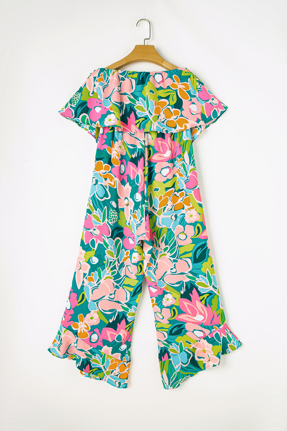 Green Mix Tropical Print Strapless Ruffled Jumpsuit