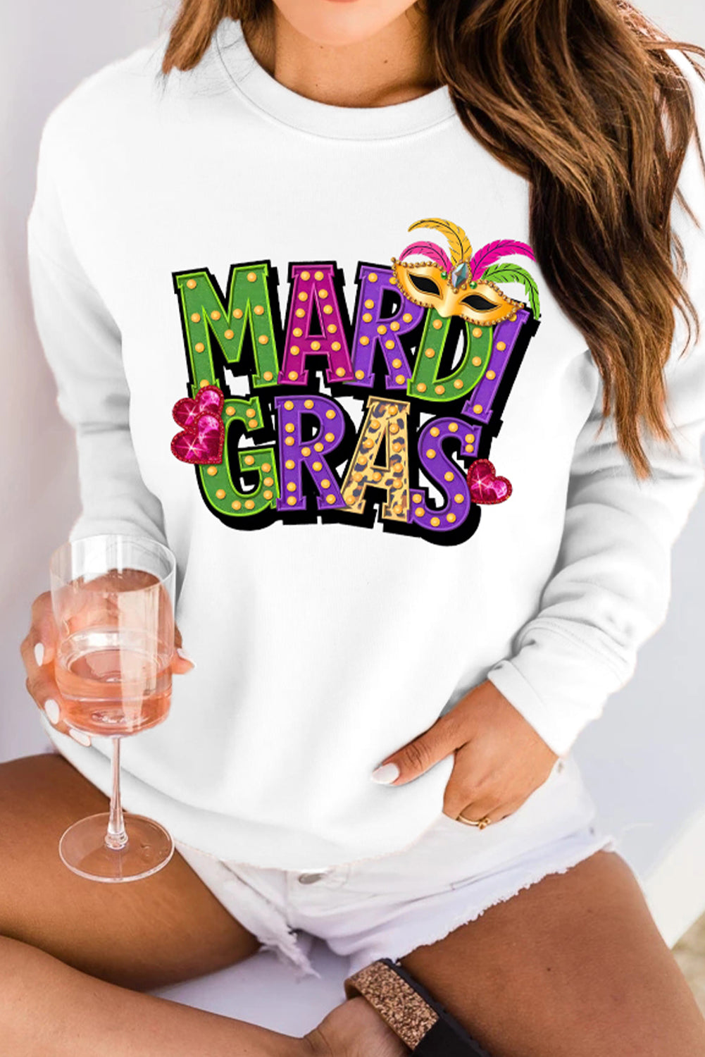 White MARDI GRAS Graphic Heat Transfer Pullover Sweatshirt