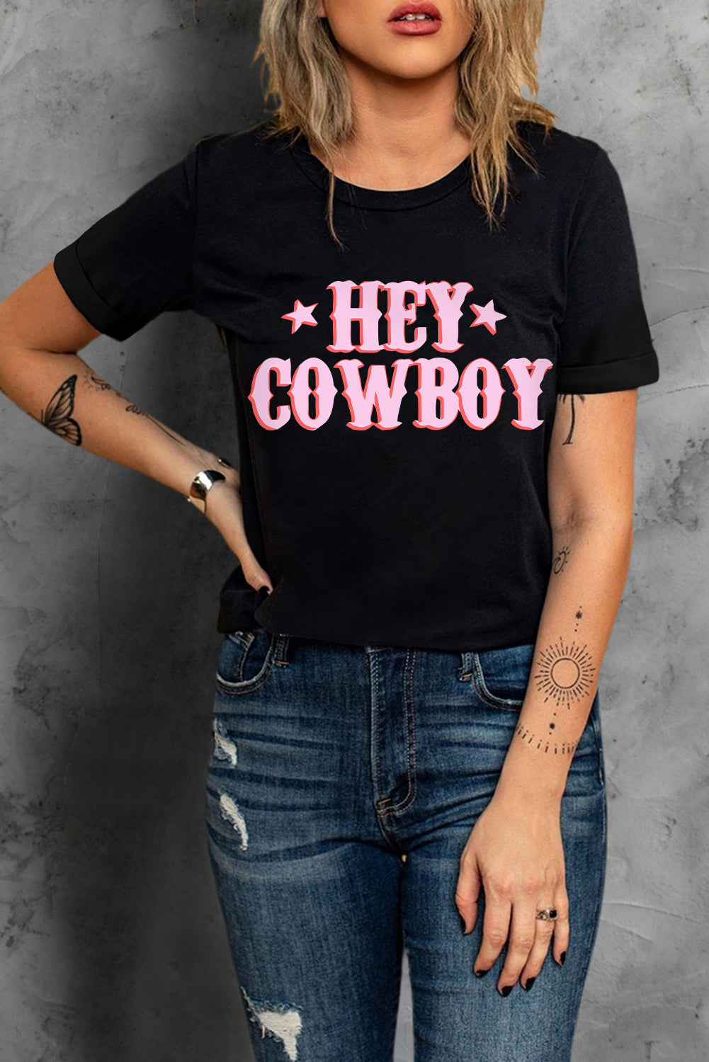 Black HEY COWBOY Graphic Crew Neck T-shirt