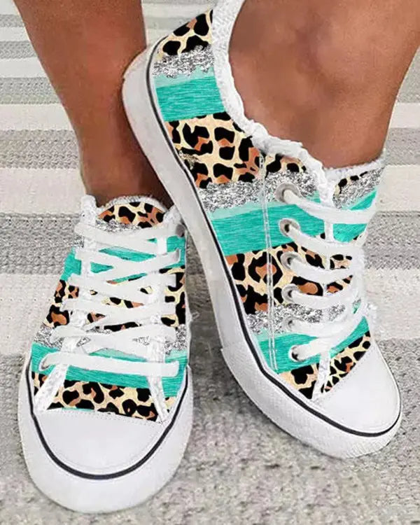 Leopard Print Frayed Canvas Sneakers