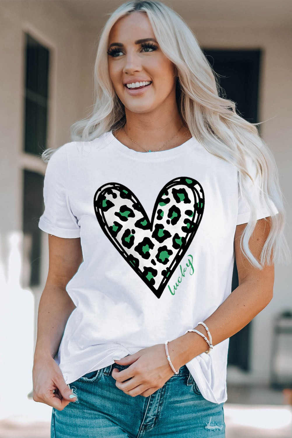 White Lucky Leopard Heart Print St Patricks Day T Shirt