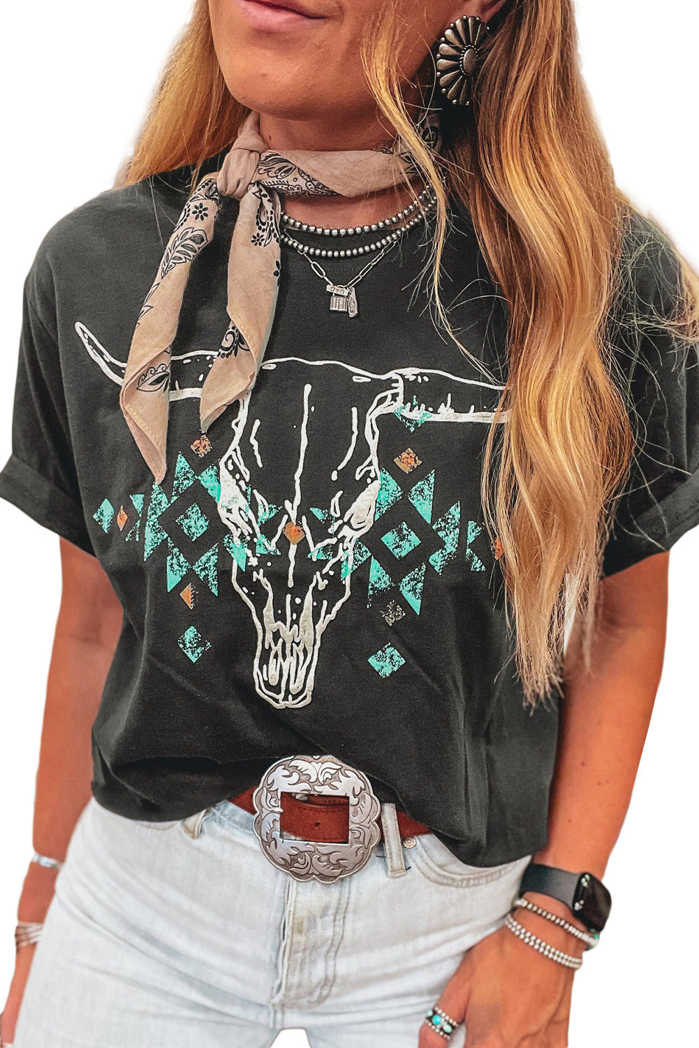 Carbon Grey Vintage Bull Head Skull Turquoise Geometric Graphic T Shirt