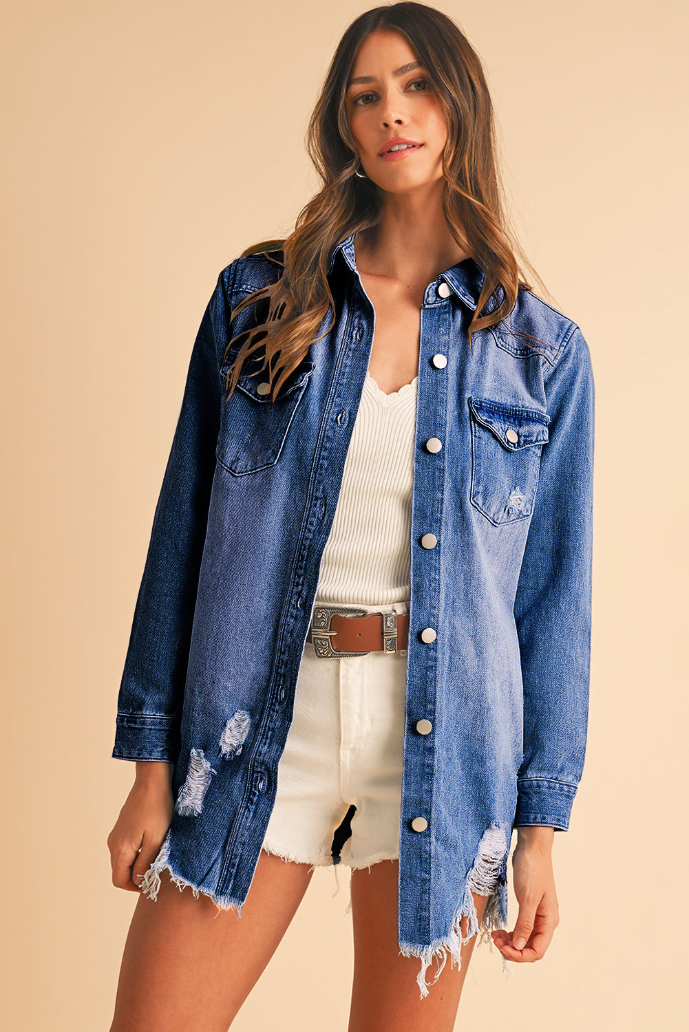 Beau Blue Light Wash Distressed Frayed Long Denim Jacket