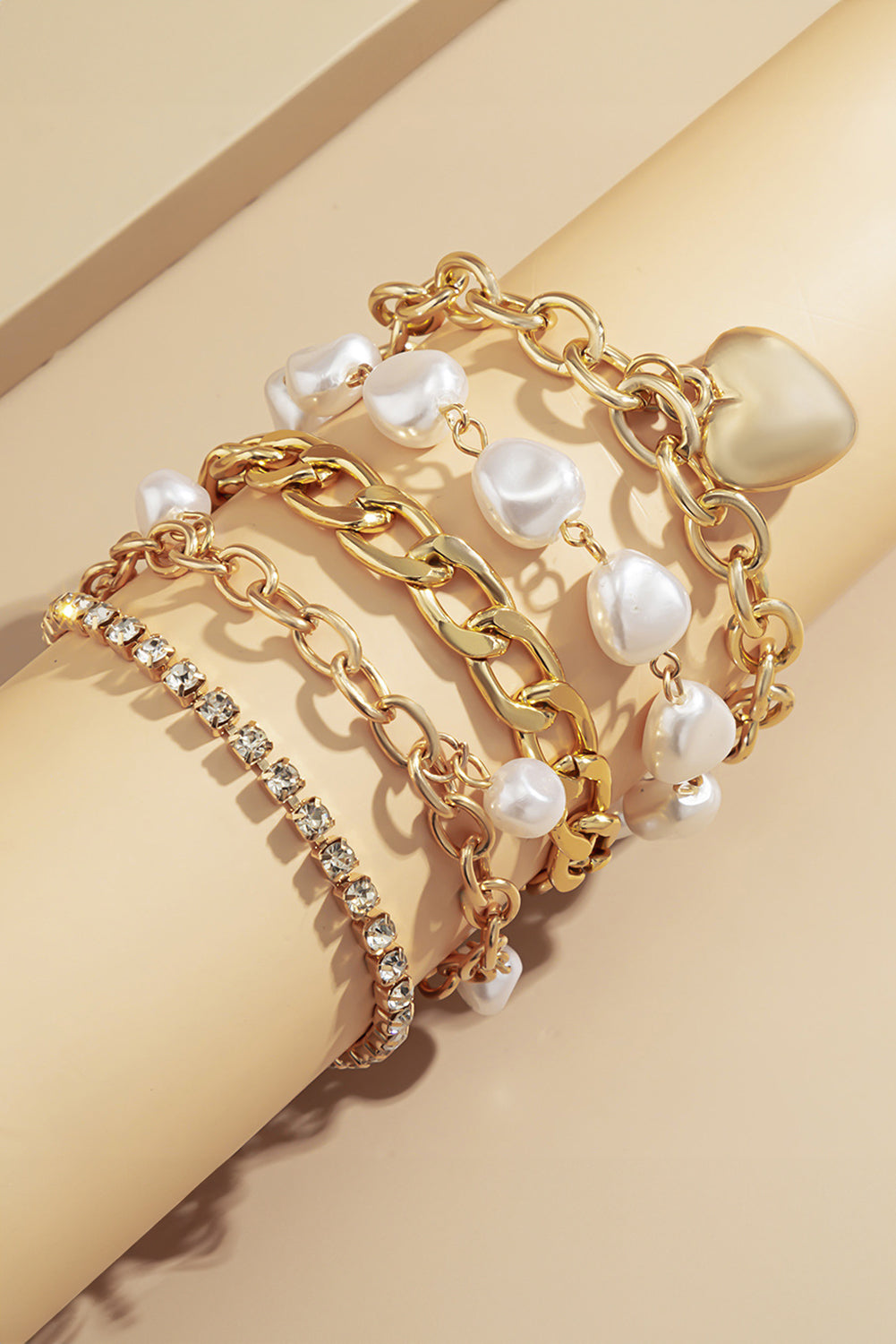 Gold 5Pcs Pearl Heart Diamond Bracelet Set