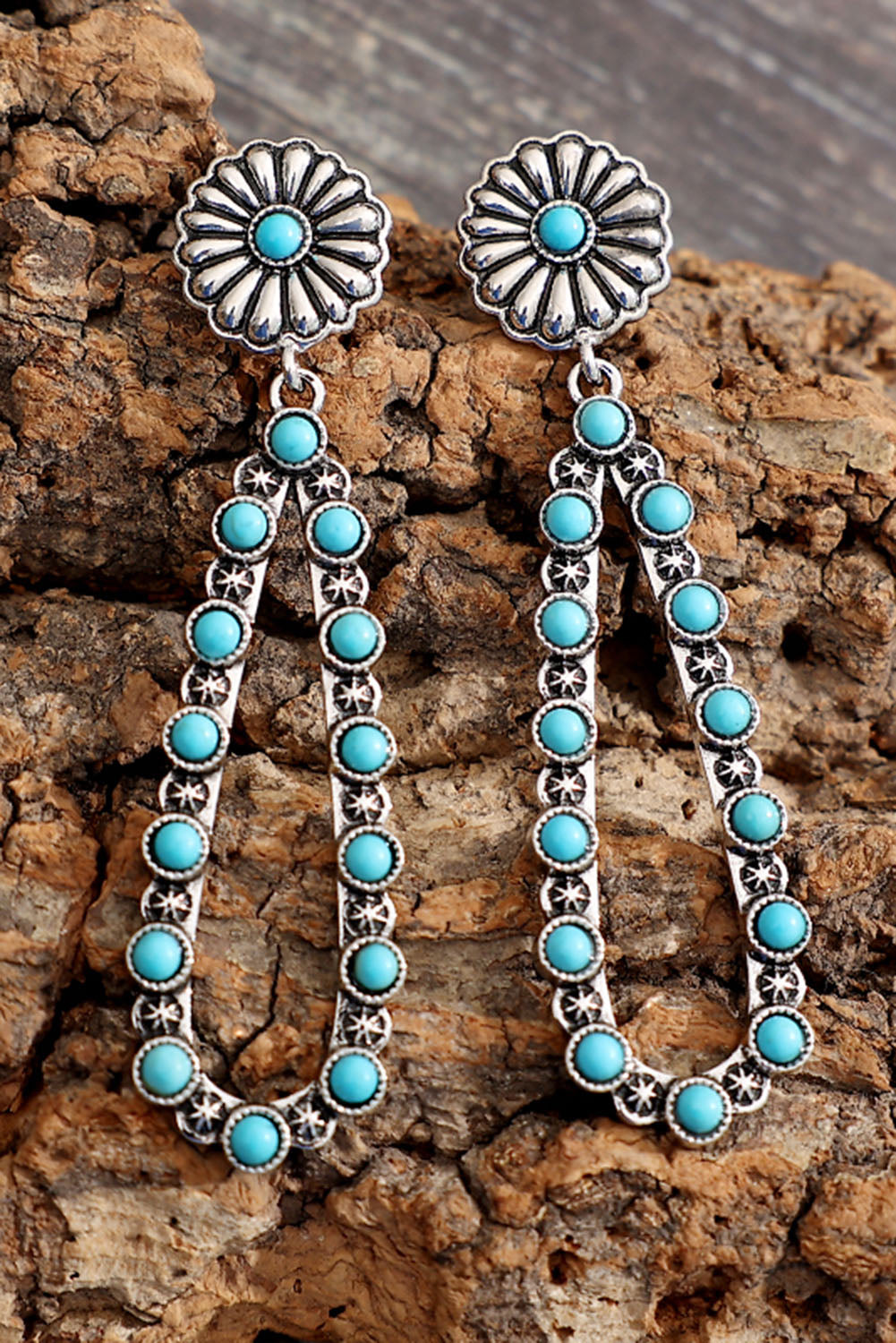 Silver Flower Turquoise Western Fashion Earrings