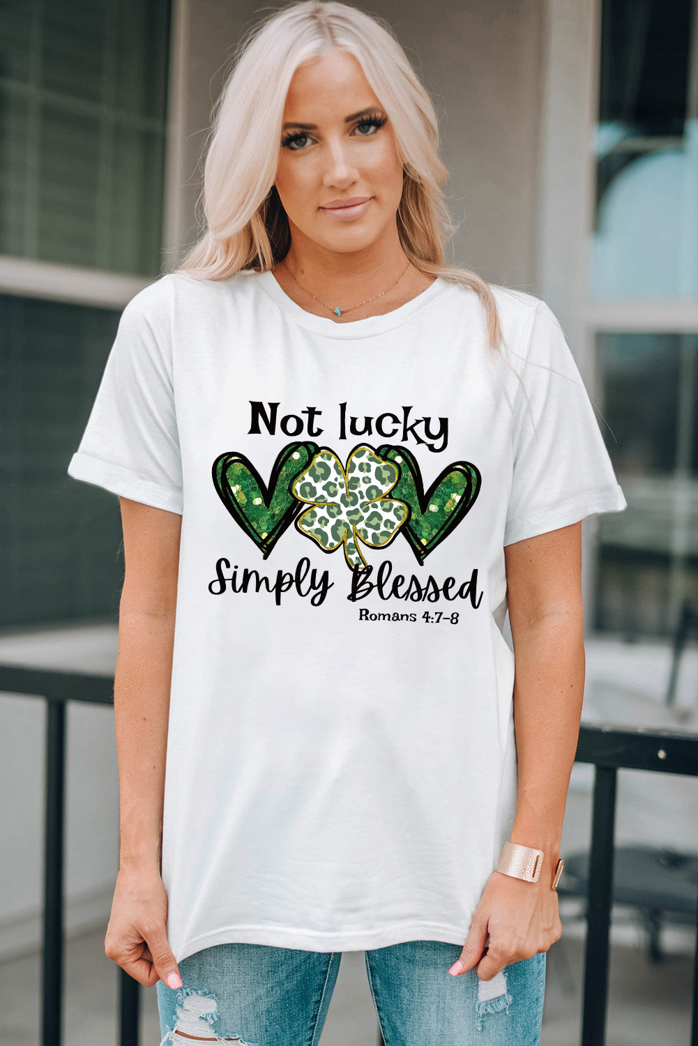 White Heart Leopard Clover Slogan Letters Graphic Tee