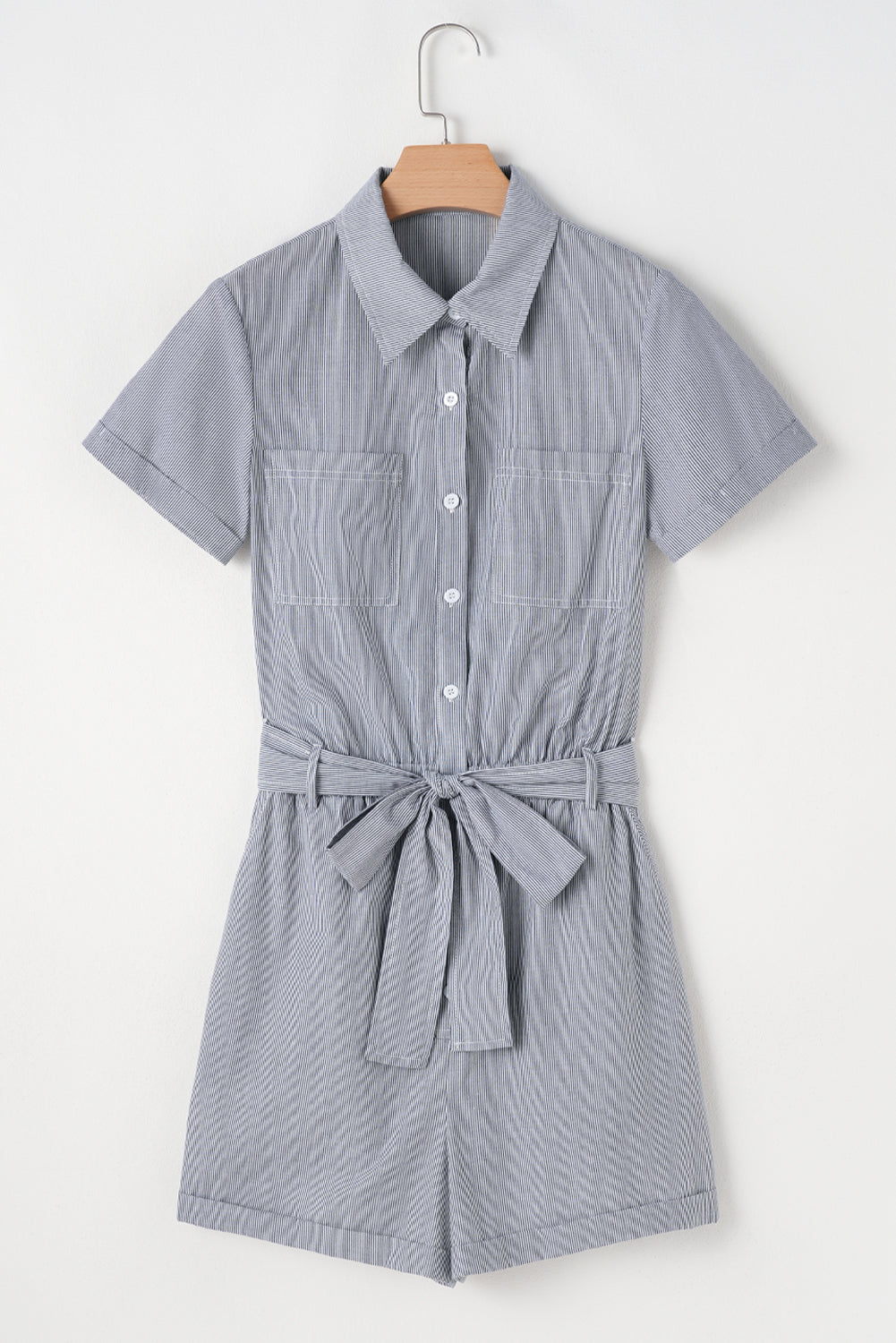 Blue Stripe Chest Pockets Buttoned Belted High Waist Romper