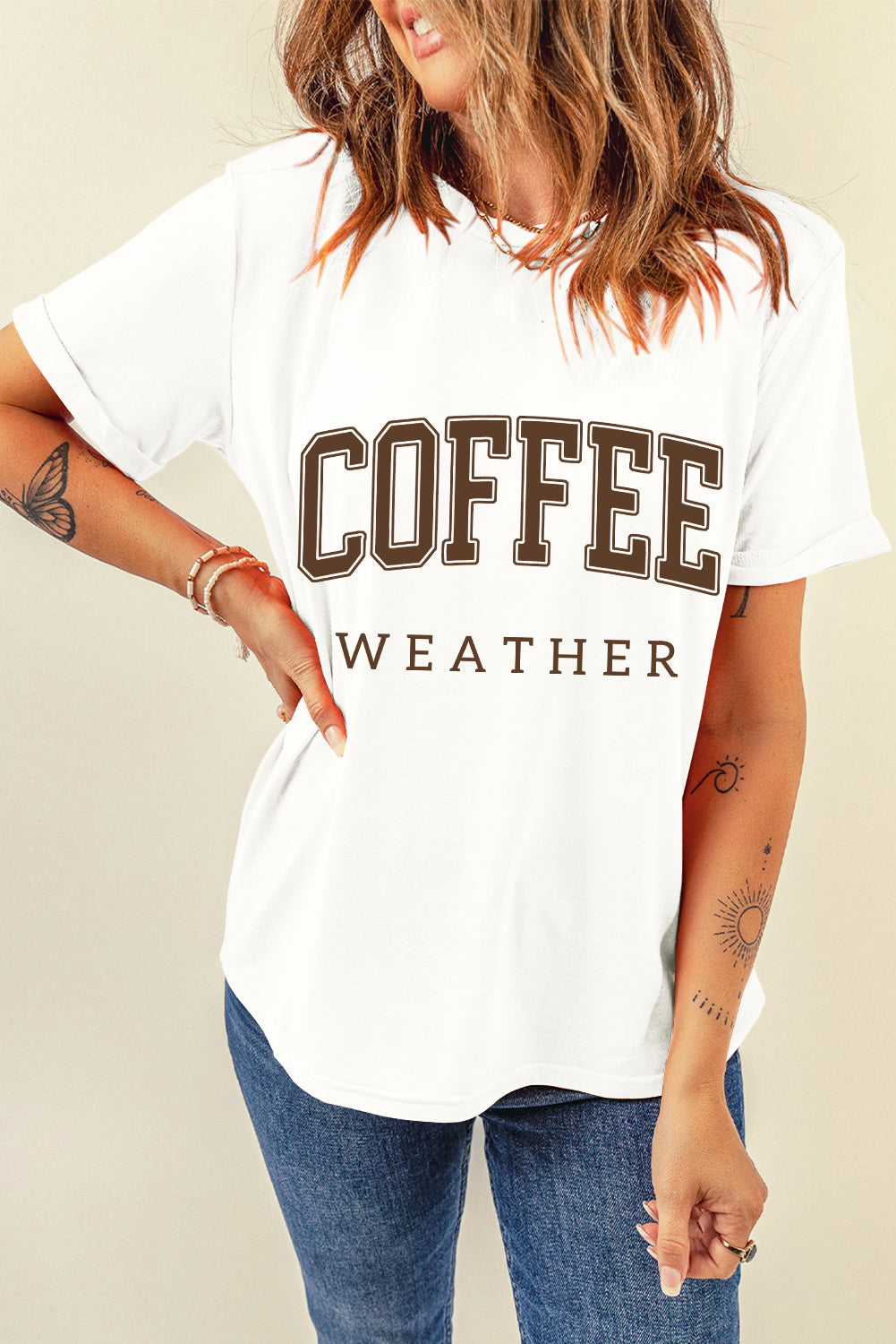 White COFFEE WEATHER Round Neck Graphic T Shirt