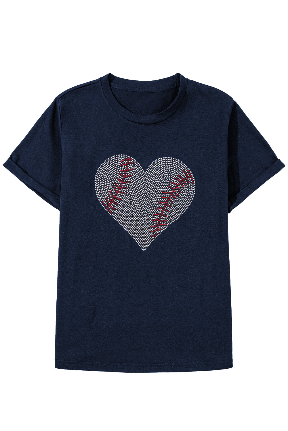 Black Rhinestone Baseball Heart Shape Graphic T Shirt