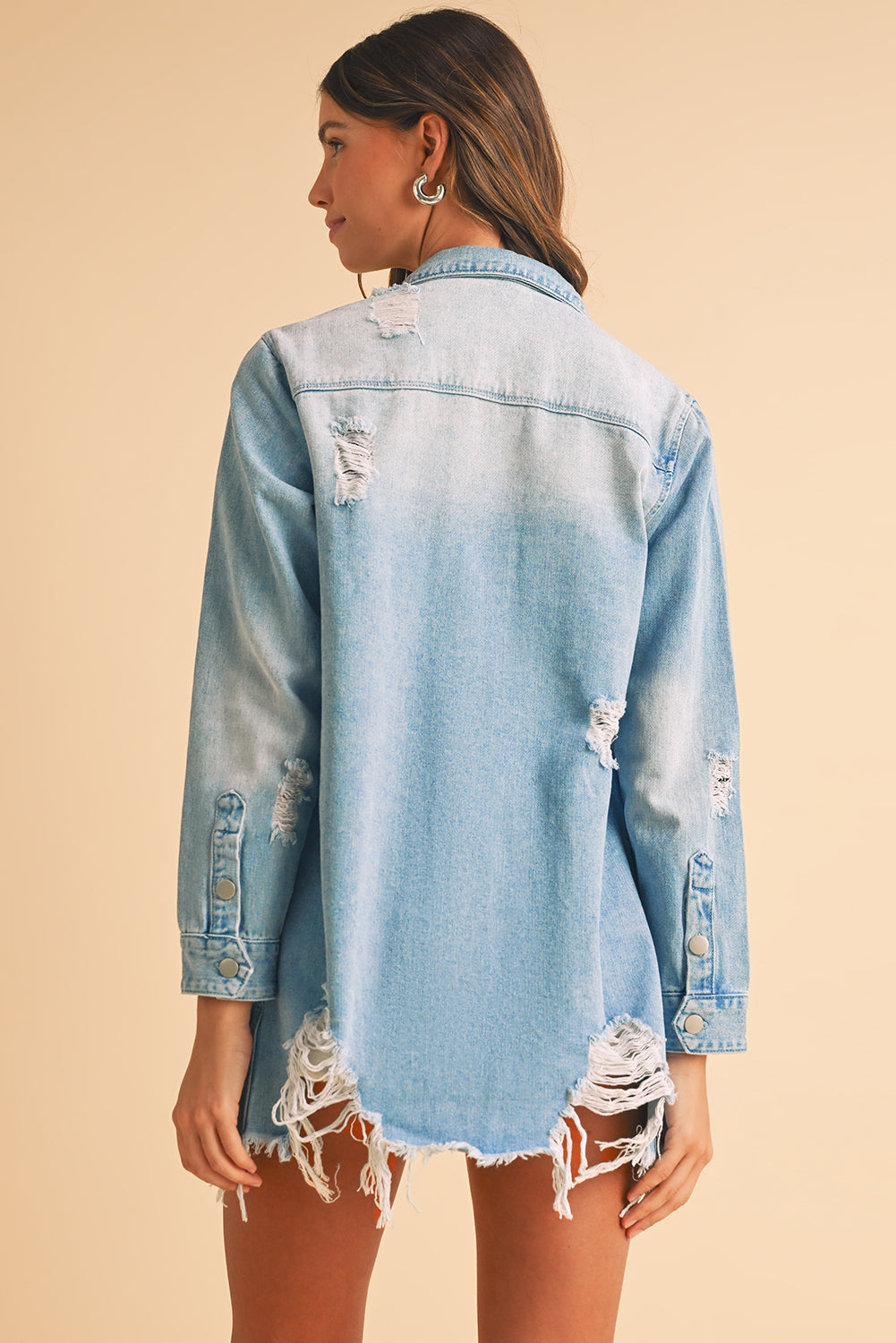 Beau Blue Light Wash Distressed Frayed Long Denim Jacket