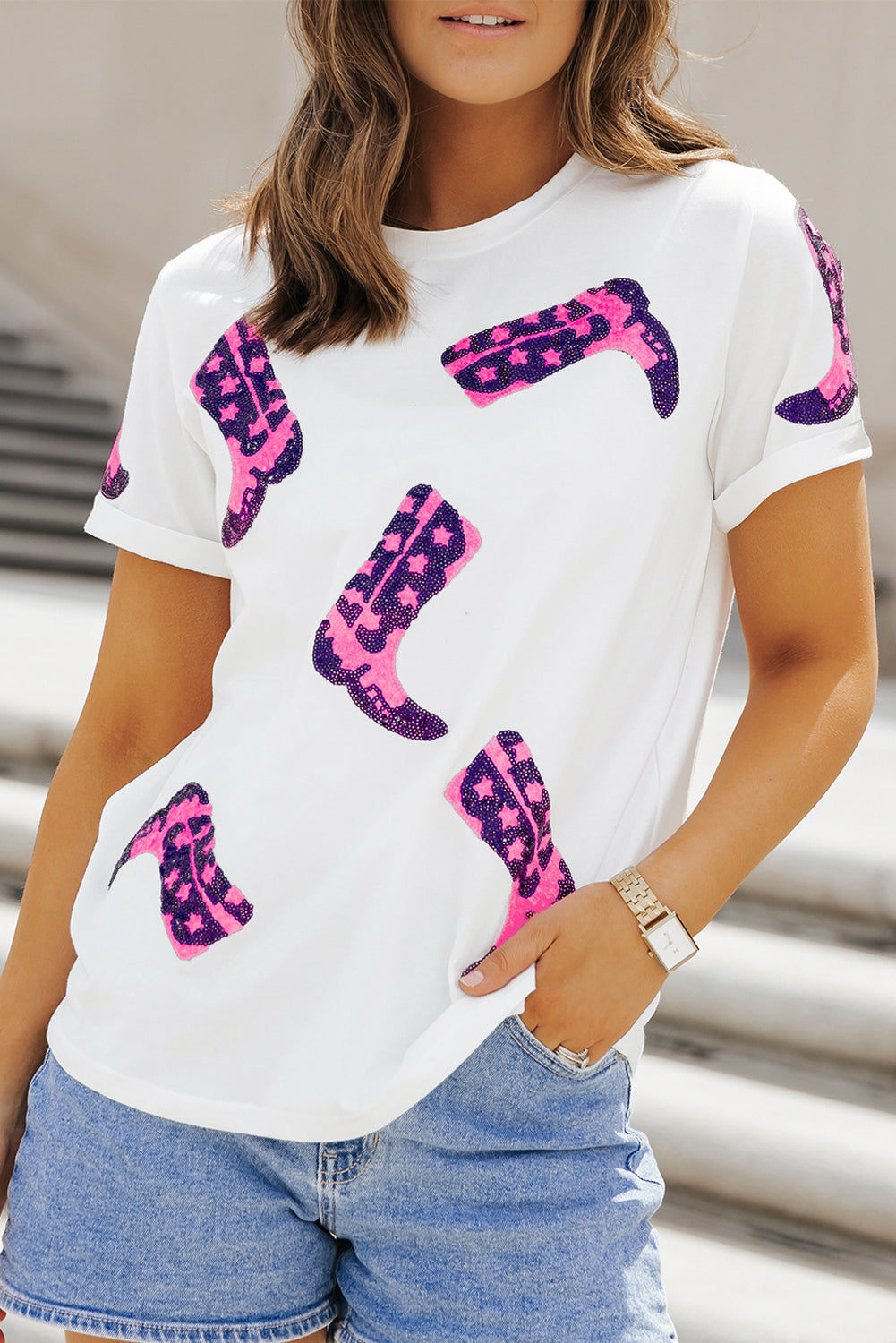 White Sequin Boots Graphic Round Neck T Shirt