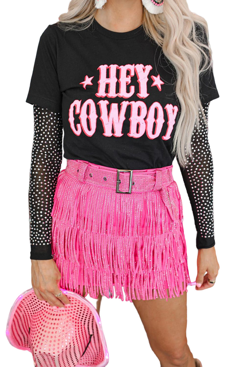 Black HEY COWBOY Graphic Crew Neck T-shirt