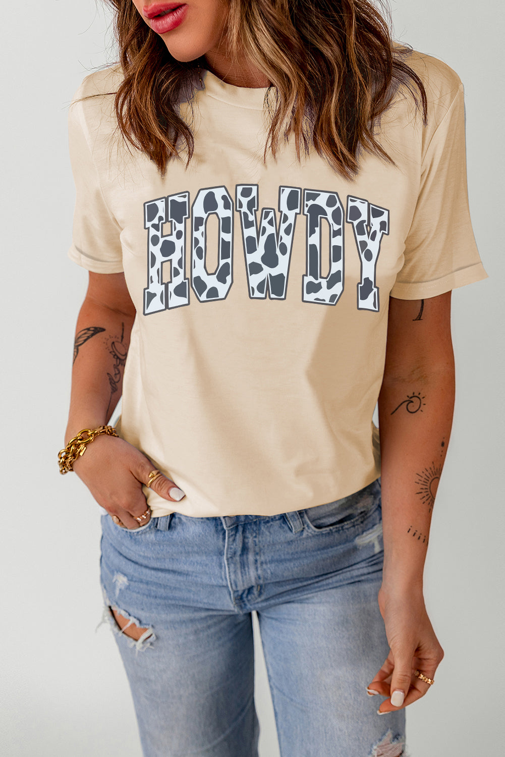 Khaki Animal Print HOWDY Letter Print Graphic Tee