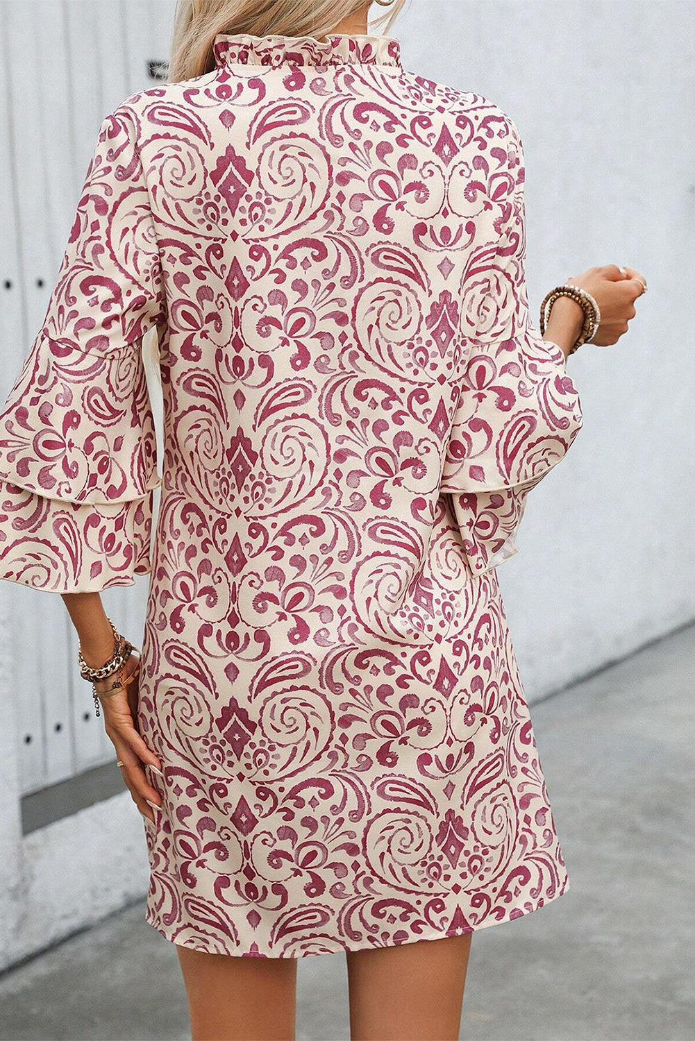 Pink Paisley Print Tiered 3/4 Sleeve Notched Neck Short Dress