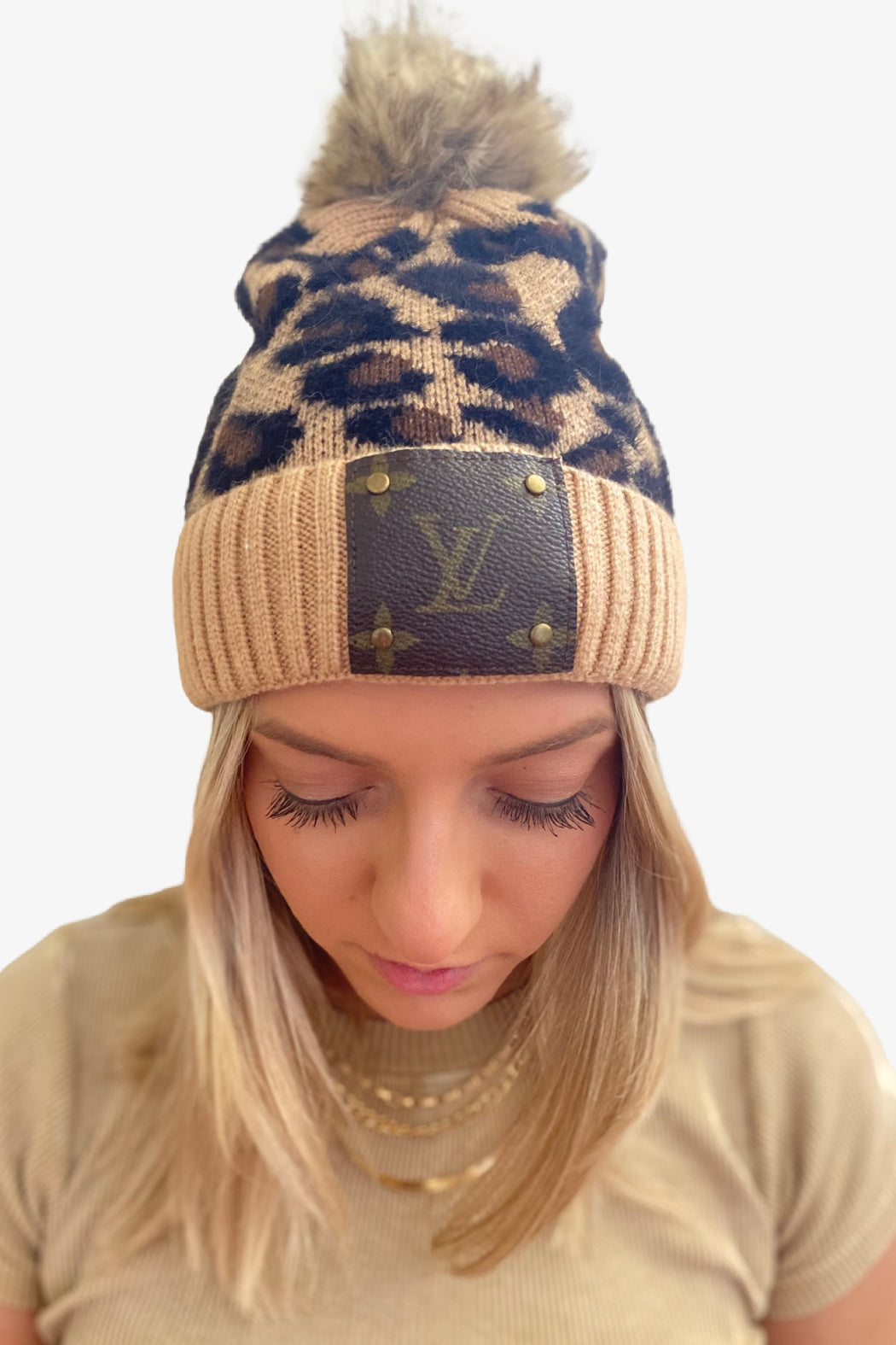 Upcycled Brown Leopard Pom Knit Beanie