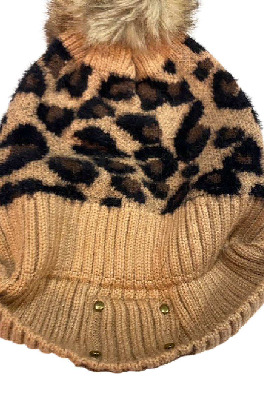 Upcycled Brown Leopard Pom Knit Beanie