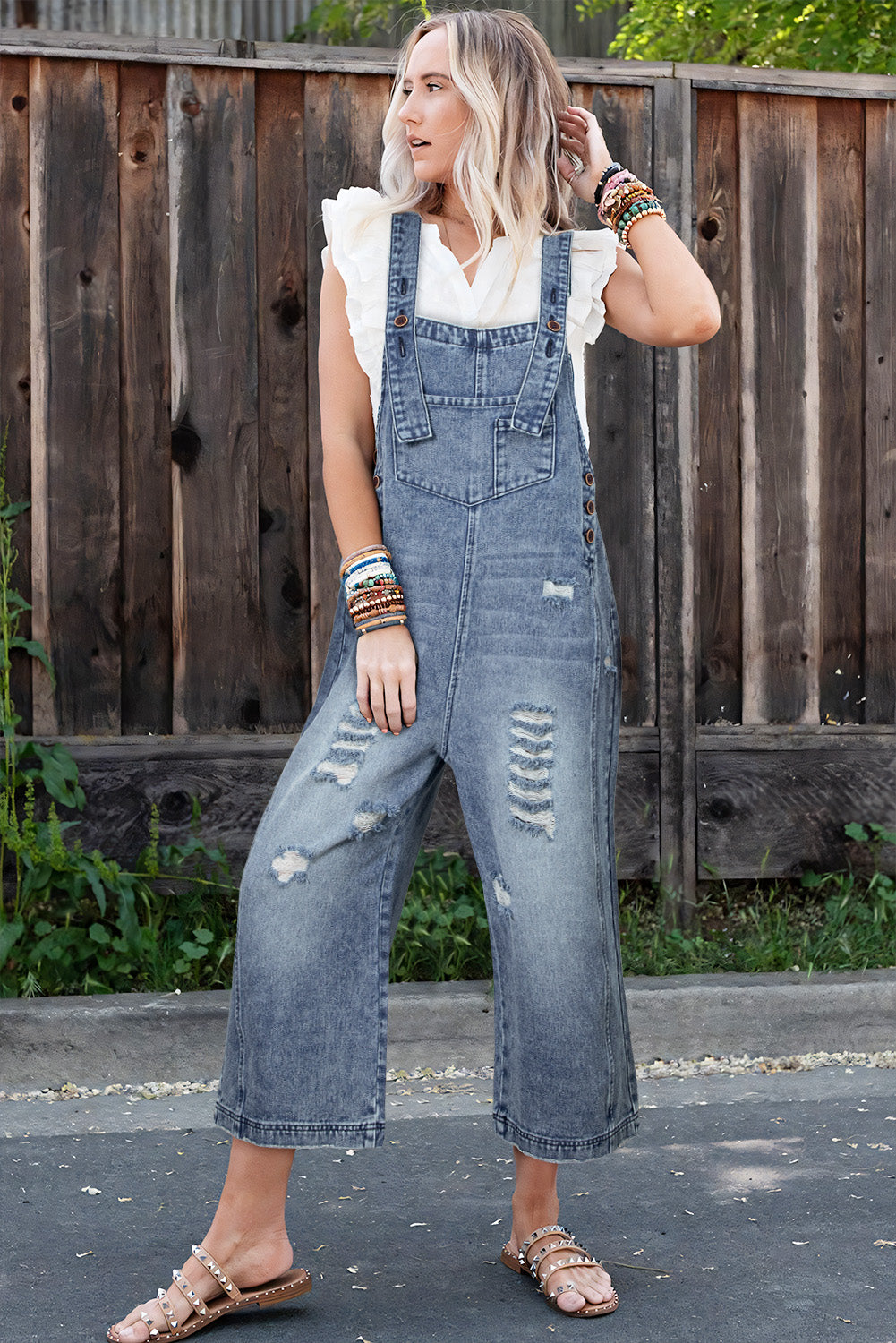 Black Distressed Bib Pocket Wide Leg Denim Overall