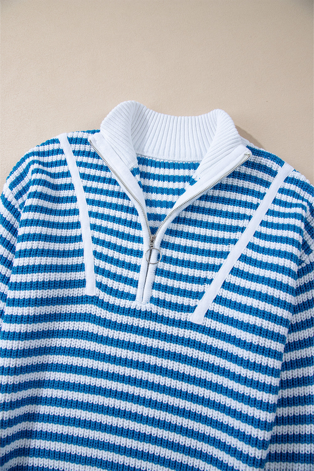 Pink Stripe Zip up Collar Drop Shoulder Sweater