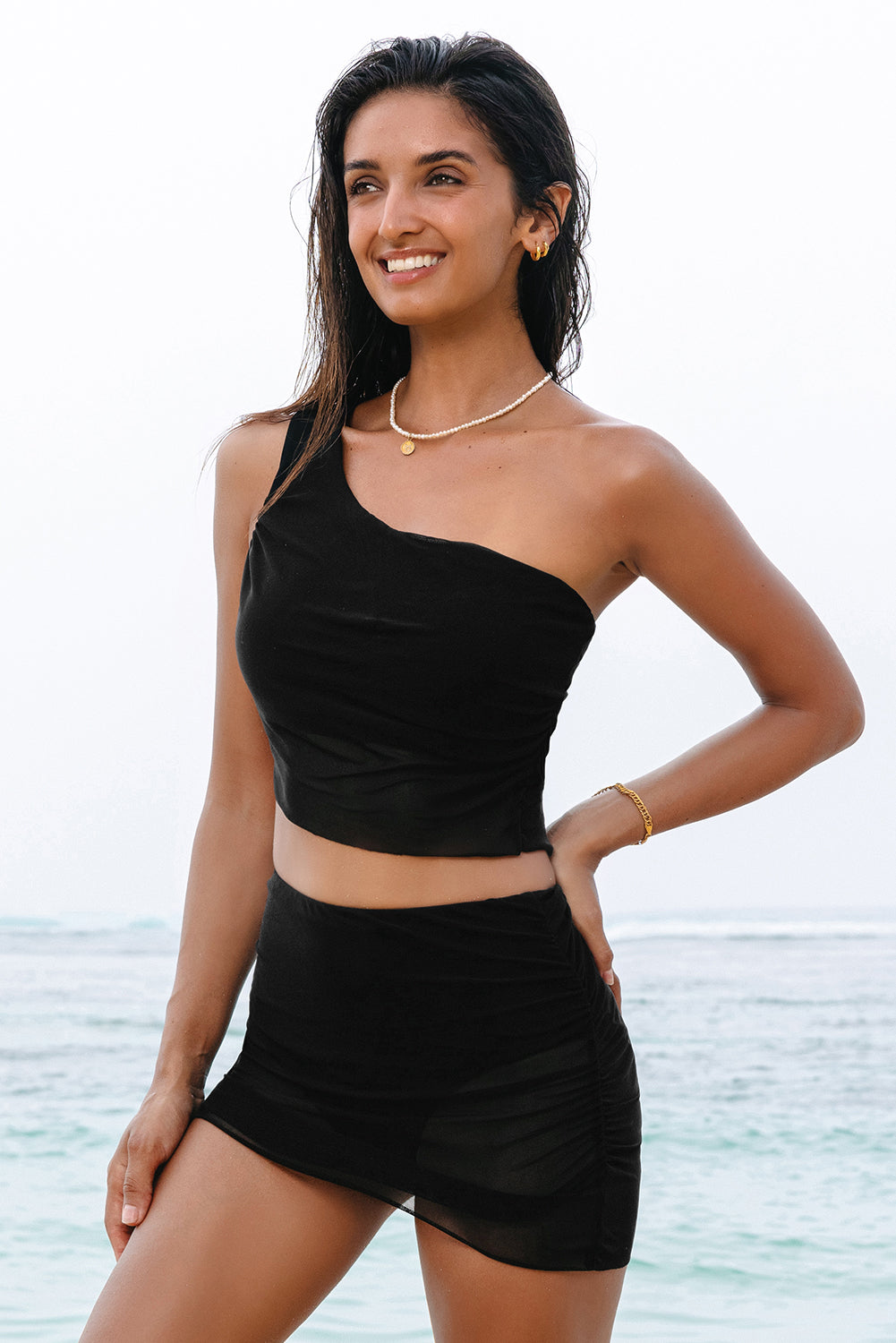 Black Ruched Mesh One Shoulder Bikini Top and Skirts Set