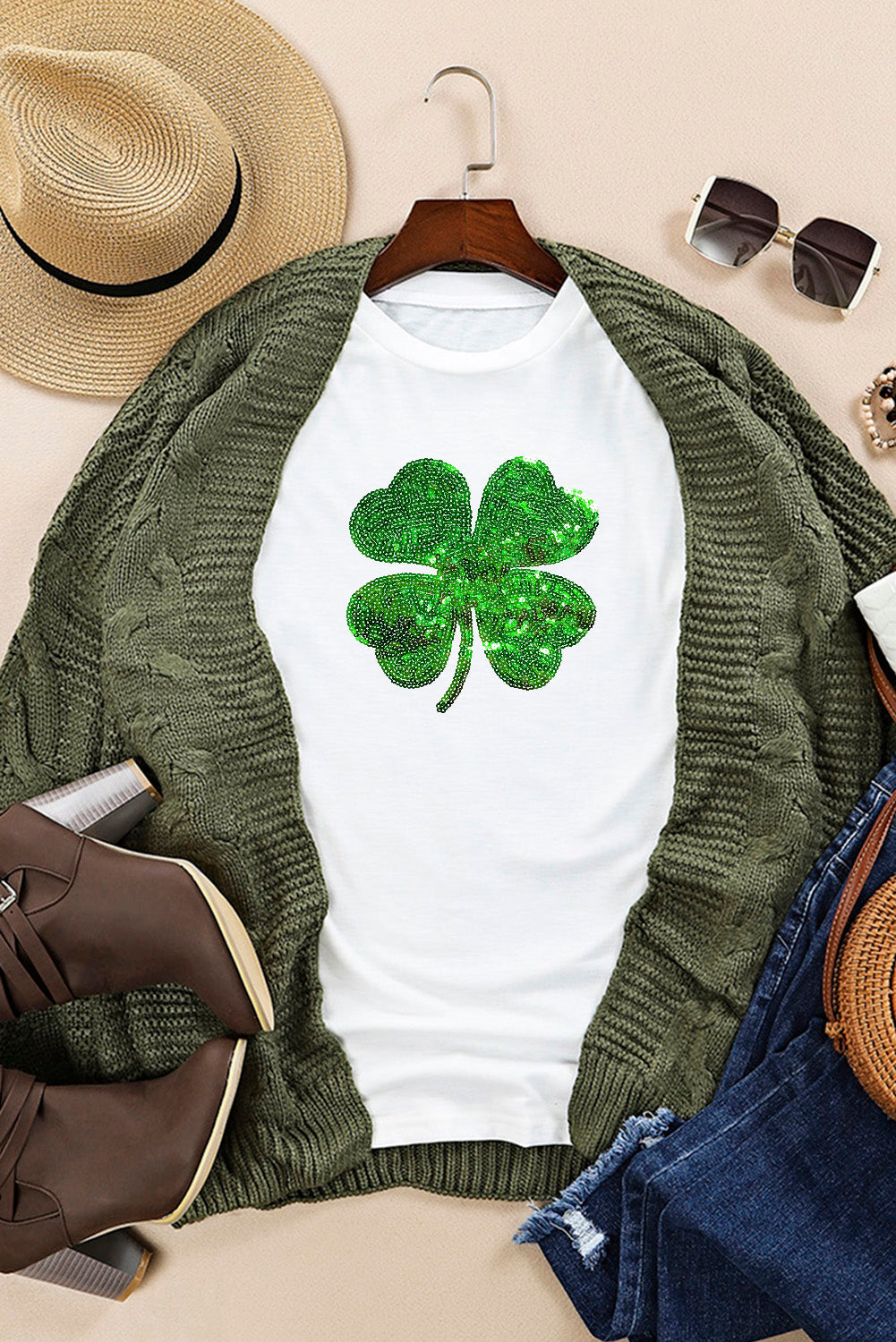 White Sequin Clover Patch Graphic St Patrick Fashion Tee