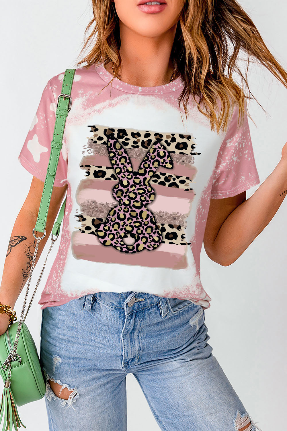 Pink Tie Dye Contrast Leopard Rabbit Graphic T Shirt