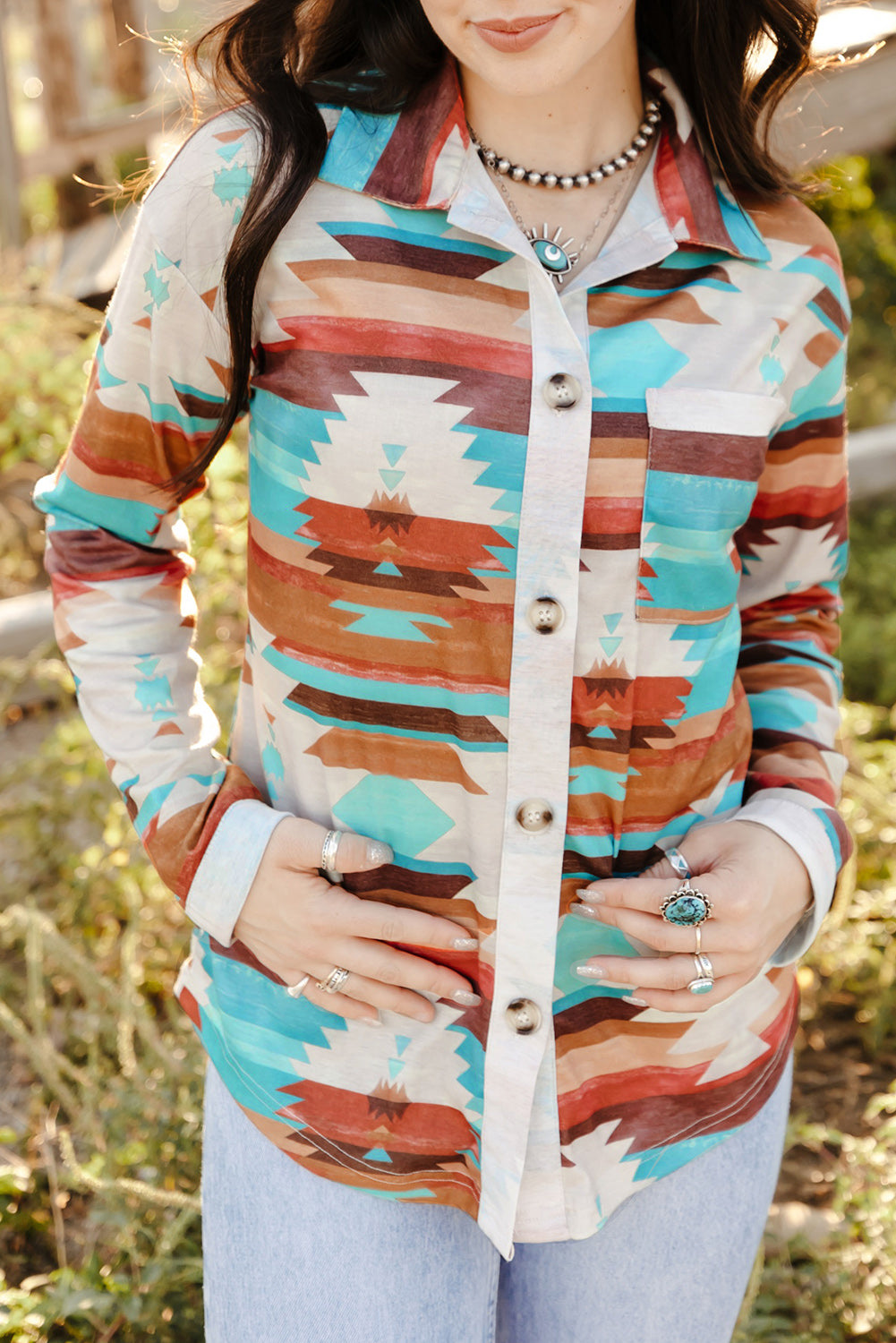 Multicolor Aztec Print Buttoned Pocket Chest Long Sleeve Shirt