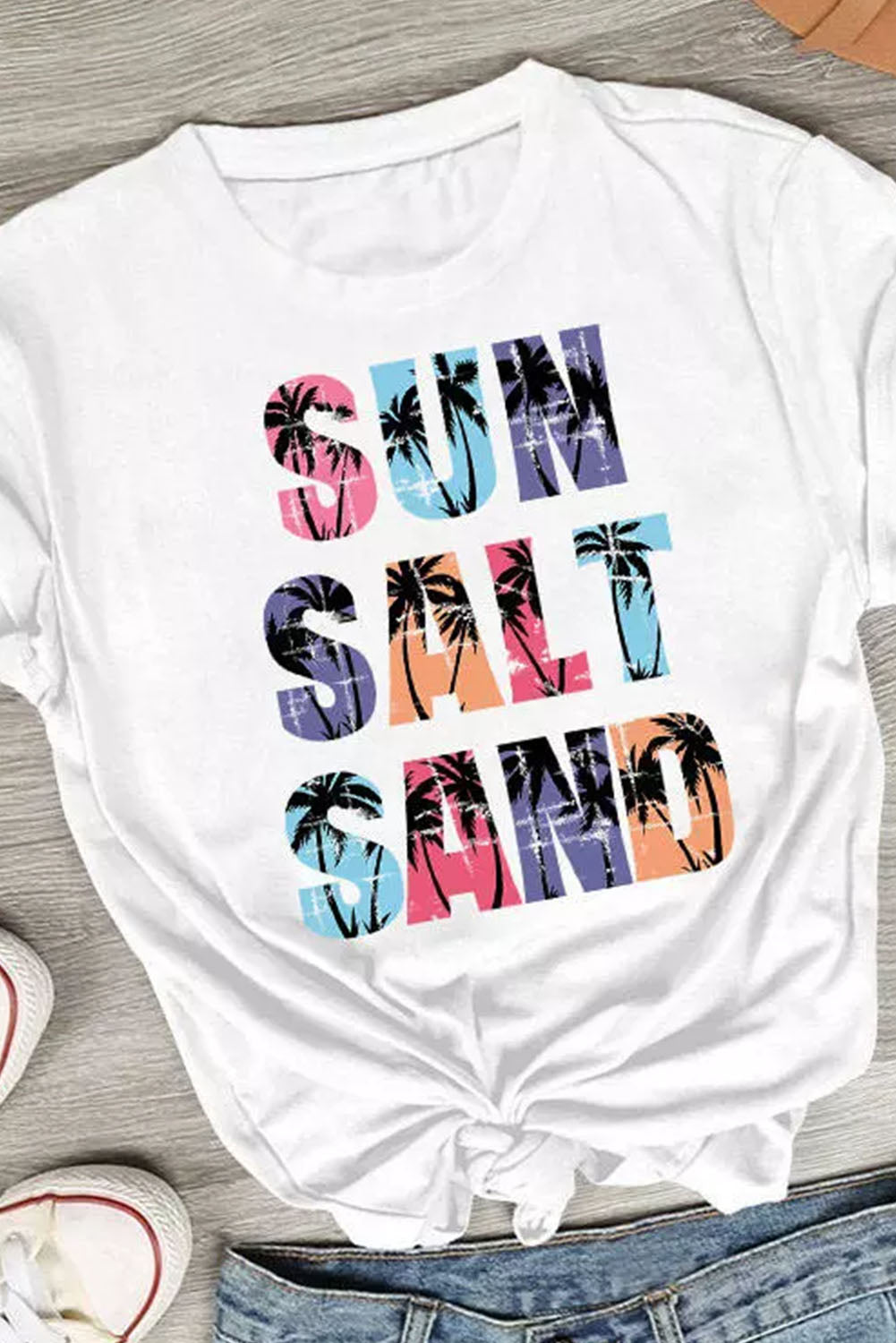 White Coconut Tree SUN SALT SAND Graphic Tee