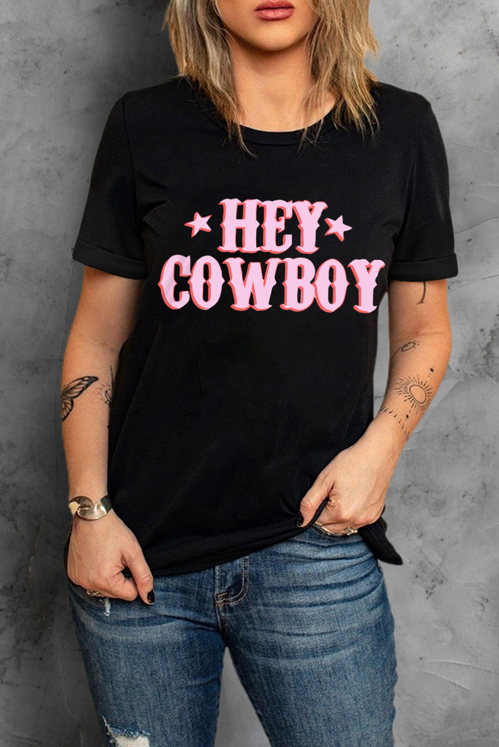 Black HEY COWBOY Graphic Crew Neck T-shirt