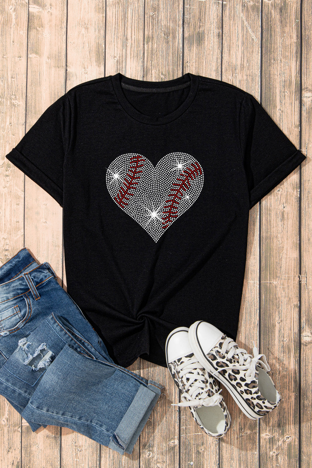 Black Rhinestone Baseball Heart Shape Graphic T Shirt