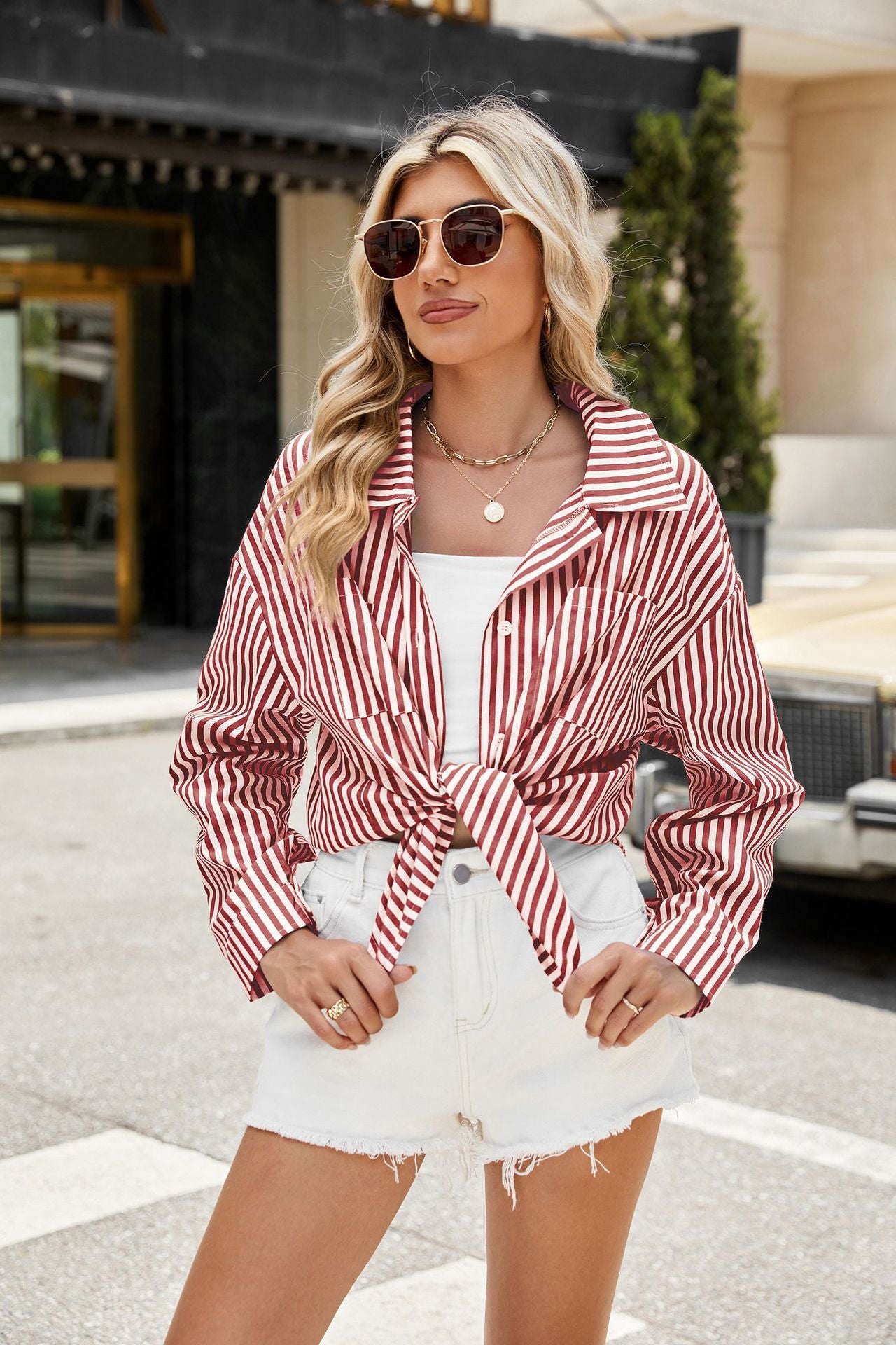 Long Sleeve Blouses Button Pin Stripe