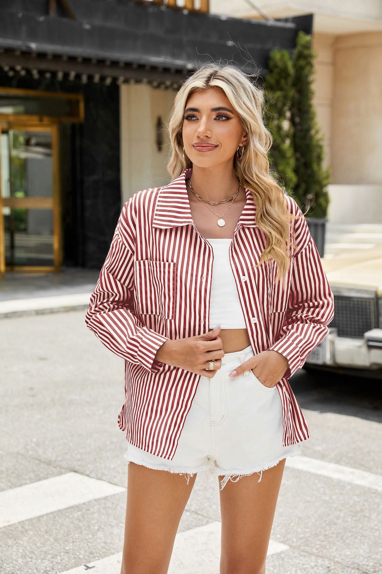 Long Sleeve Blouses Button Pin Stripe