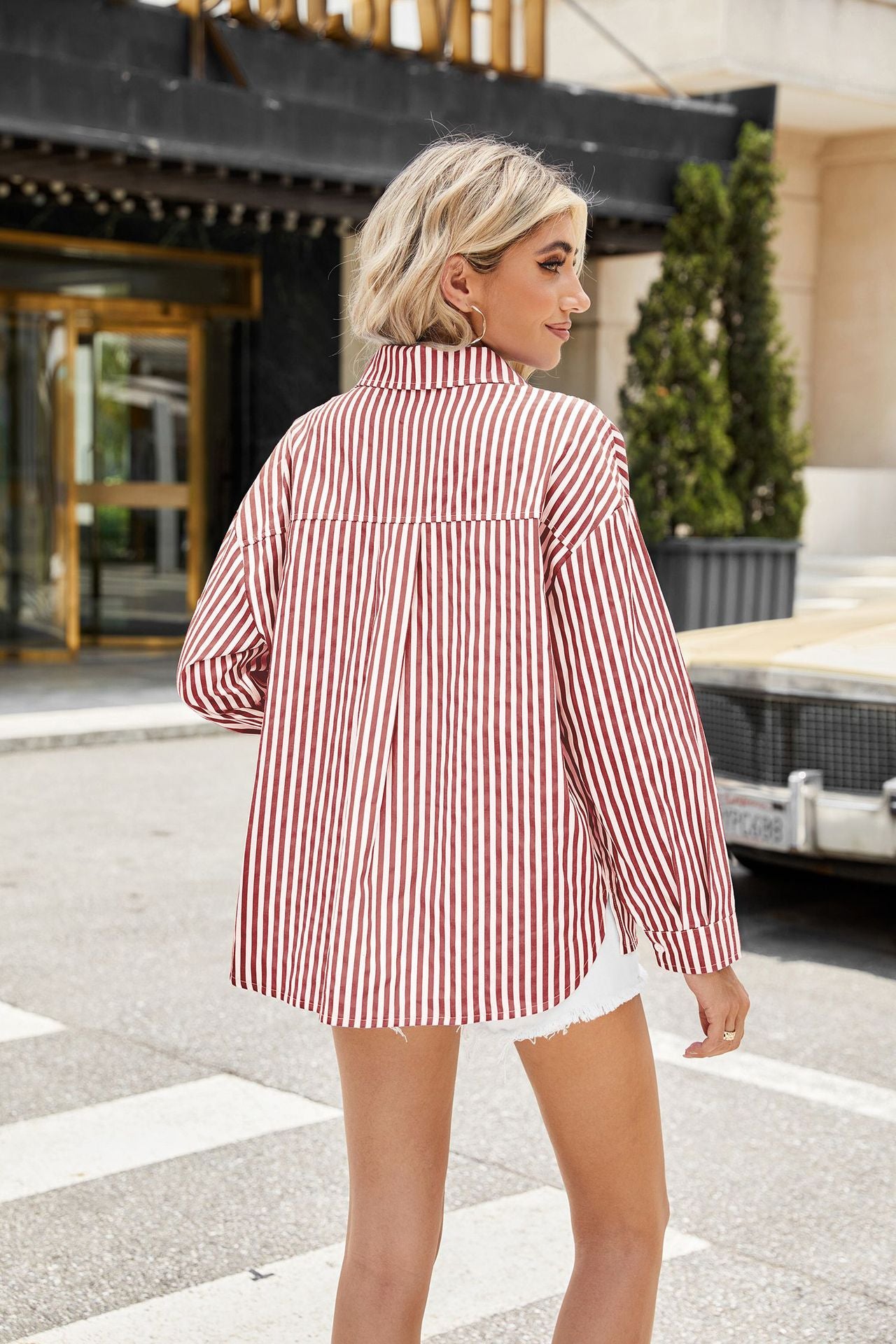 Long Sleeve Blouses Button Pin Stripe