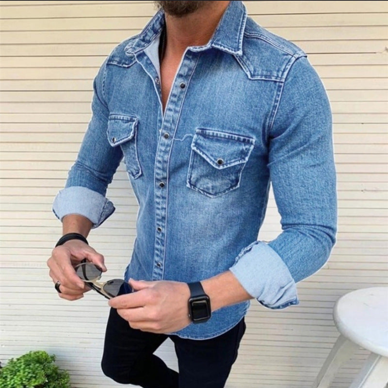 Men's Denim Style Turndown Long Sleeve Slim Men's Tops